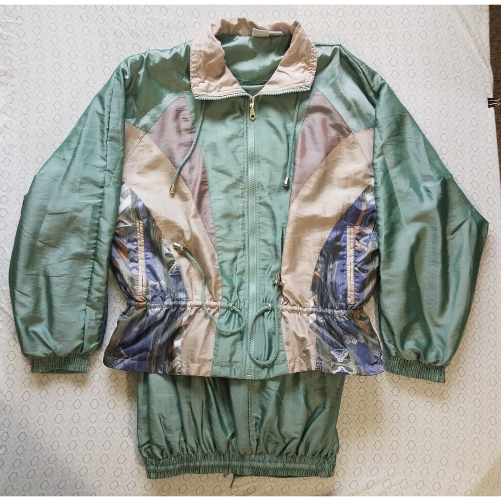 VTG Energy Zone Wind Suit Track Jacket Womens Sz 52 Teal Metallic Floral 90s
